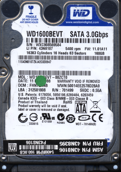 WD 160GB WD1600BEVT-88ZCT0 DCM FHN 2060-701499-000 DONOR DRIVE