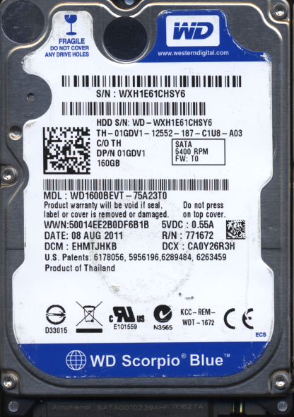 WD 160GB WD1600BEVT-75A23T0 DCM EHMTJHKB TJ 2060-771672-004 DONOR DRIVE