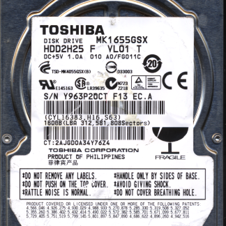 TOSHIBA 160GB MK1655GSX HDD2H25 A0/FG011C G002439 DONOR DRIVE