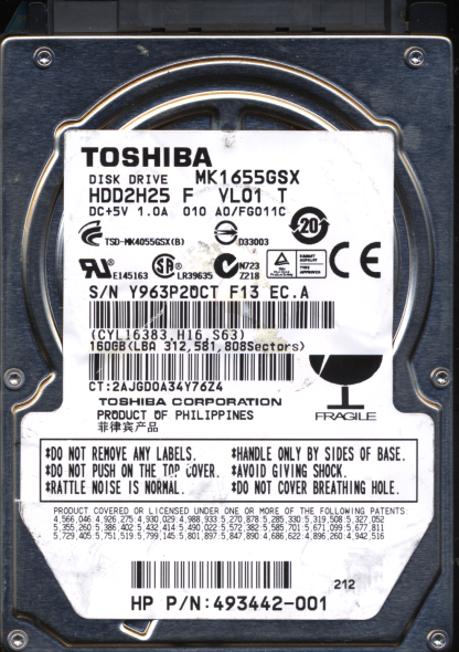 TOSHIBA 160GB MK1655GSX HDD2H25 A0/FG011C G002439 DONOR DRIVE
