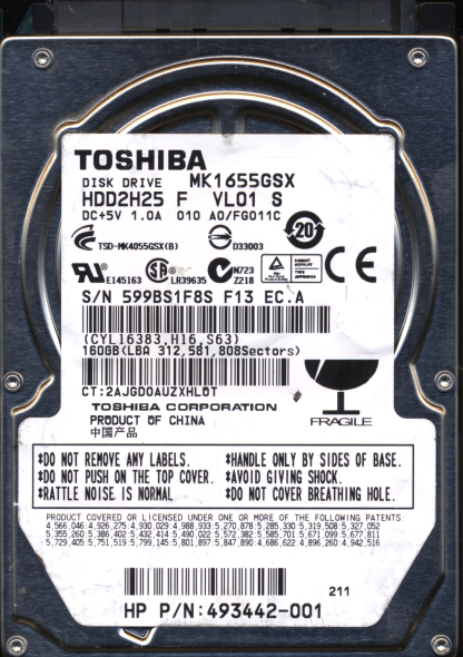 TOSHIBA 160GB MK1655GSX HDD2H25 A0/FG011C G002439 DONOR DRIVE