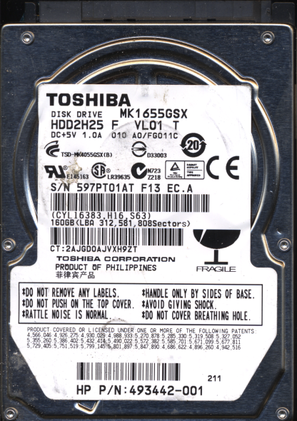 TOSHIBA 160GB MK1655GSX HDD2H25 A0/FG011C G002439 DONOR DRIVE