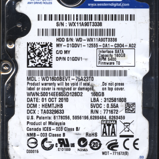 WD 160GB WD1600BEVT-75A23T0 DCM HEMTJHB TJ 2060-771672-004 DONOR DRIVE