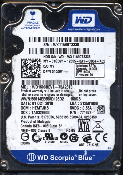 WD 160GB WD1600BEVT-75A23T0 DCM HEMTJHB TJ 2060-771672-004 DONOR DRIVE