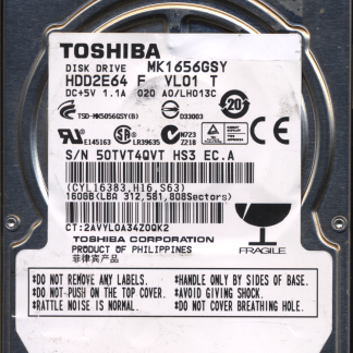 TOSHIBA 160GB MK1656GSY HDD2E64 A0/LH013C G002587 DONOR DRIVE