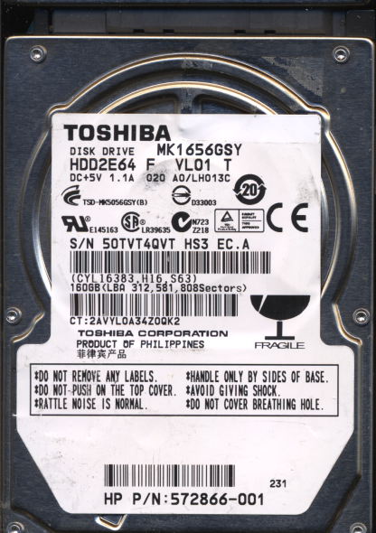 TOSHIBA 160GB MK1656GSY HDD2E64 A0/LH013C G002587 DONOR DRIVE