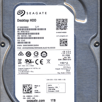 SEAGATE 1TB ST1000DM003 1SB102-500 SN W9A FW CC43 100774000 DONOR DRIVE