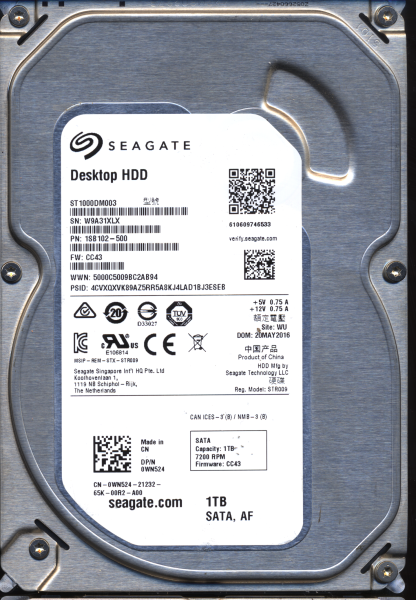 SEAGATE 1TB ST1000DM003 1SB102-500 SN W9A FW CC43 100774000 DONOR DRIVE