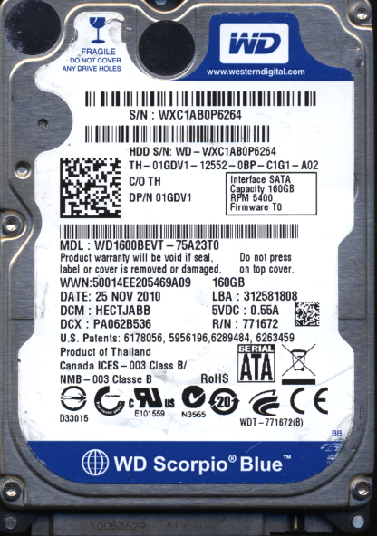 WD 160GB WD1600BEVT-75A23T0 DCM HECTJABB TJ 2060-771672-004 DONOR DRIVE