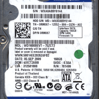 WD 160GB WD1600BEVT-75ZCT2 DCM HACTJABB TJ 2060-701499-005 DONOR DRIVE