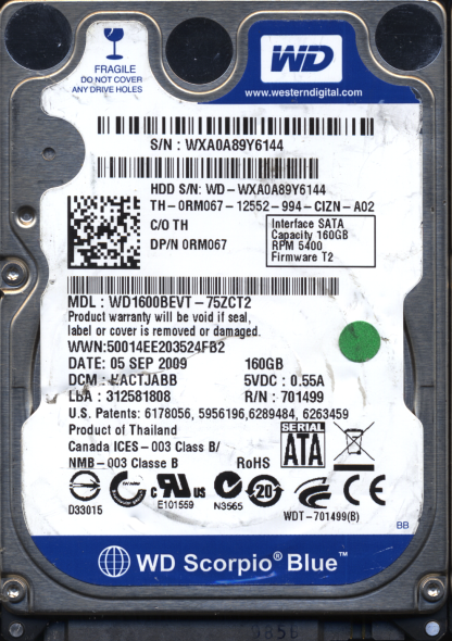 WD 160GB WD1600BEVT-75ZCT2 DCM HACTJABB TJ 2060-701499-005 DONOR DRIVE
