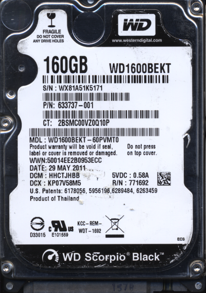 WD 160GB WD1600BEKT-60PVMT0 DCM HHCTJHBB TJ 2060-771692-005 DONOR DRIVE