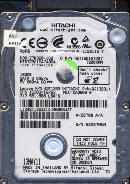 HITACHI 160GB HTS723216A7A364 0J13231 MLC DA3806 2200A9028901 DONOR DRIVE