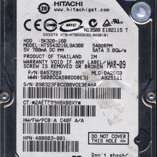 HITACHI 160GB HTS543216L9A300 0A57293 MLC DA2663 2200A9000201 DONOR DRIVE