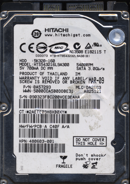 Hitachi 160GB HTS543216L9A300 0A57293 MLC DA2663 2200A9000201 Donor Drive