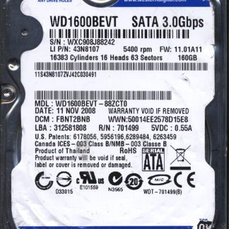 WD 160GB WD1600BEVT-88ZCT0 DCM FBNT2BNB T2 2060-701499-000 DONOR DRIVE