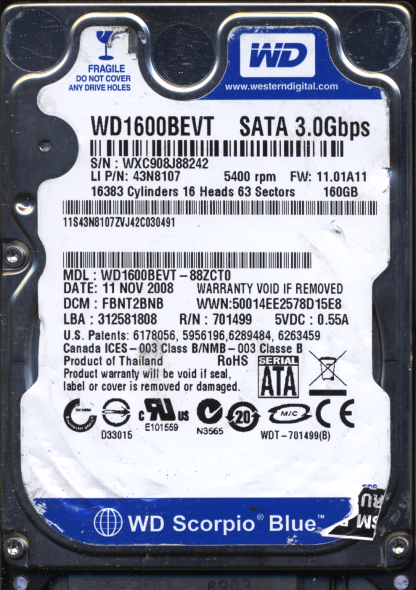 WD 160GB WD1600BEVT-88ZCT0 DCM FBNT2BNB T2 2060-701499-000 Donor Drive