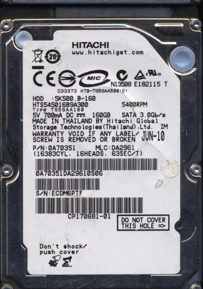 HITACHI 160GB HTS545016B9A300 0A70351 MLC DA2961 220 0A90161 01 DONOR DRIVE