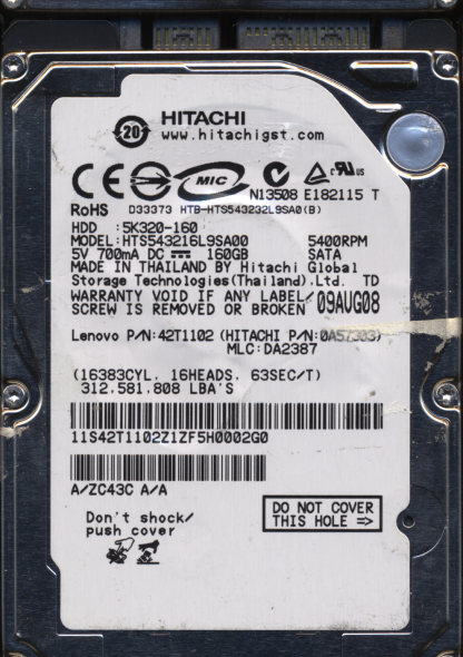HITACHI 160GB HTS543232L9SA0 0A57303 MLC DA2387 2200A9000201 DONOR DRIVE