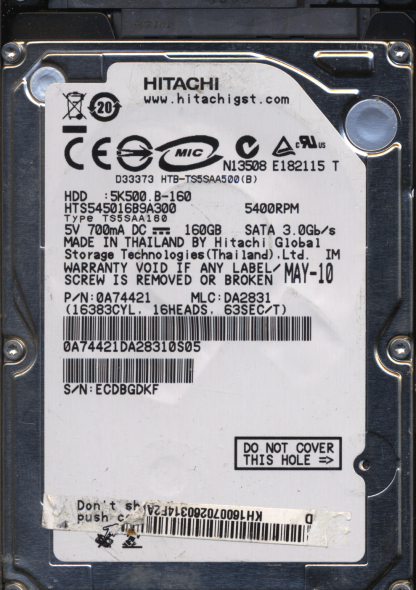 HITACHI 160GB HTS545016B9A300 0A74421 MLC DA2831 220 0A90161 01 DONOR DRIVE