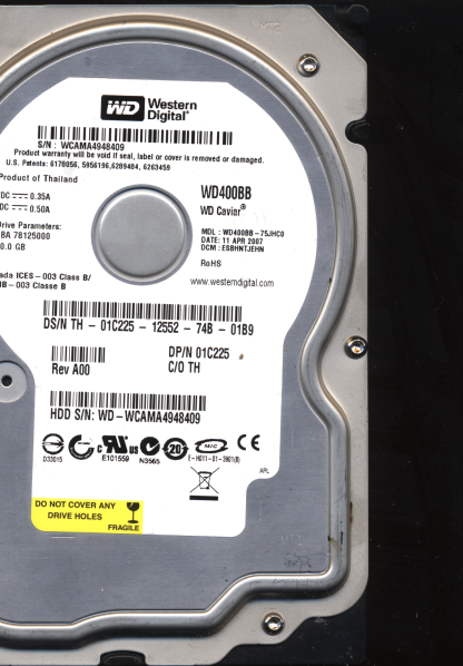 WD 40GB WD400BB-75JHC0 DCM ESBHNTJEHN TJ 2060-701292-002 Donor Drive
