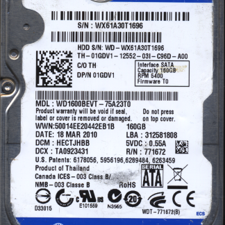WD 160GB WD1600BEVT-75A23T0 DCM HECTJHBB TJ 2060-771672-004 DONOR DRIVE