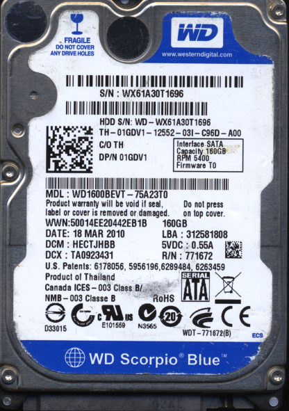 WD 160GB WD1600BEVT-75A23T0 DCM HECTJHBB TJ 2060-771672-004 DONOR DRIVE