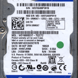 WD 160GB WD1600BEVT-75ZCT2 DCM HHNTJHNB TJ 2060-701499-005 DONOR DRIVE