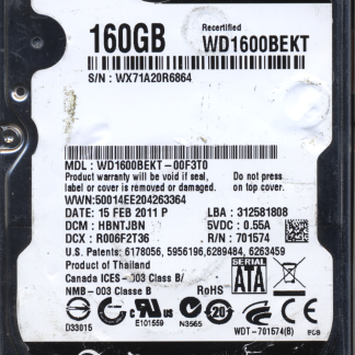 WD 160GB WD1600BEKT-00F3T0 DCM HBNTJBN TJ 2060-771574-001 DONOR DRIVE