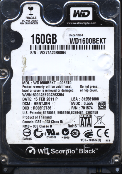WD 160GB WD1600BEKT-00F3T0 DCM HBNTJBN TJ 2060-771574-001 DONOR DRIVE