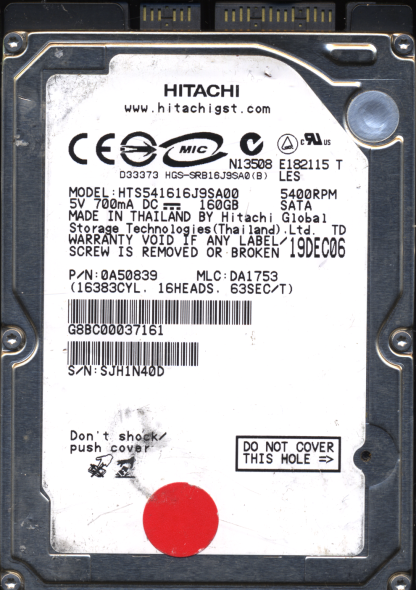 HITACHI 160GB HTS541616J9SA00 0A50839 MLC DA1753 2200A2861301 DONOR DRIVE