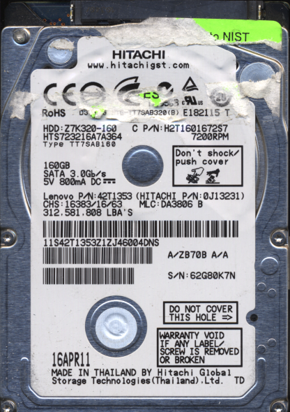 HITACHI 160GB HTS723216A7A364 0J13231 MLC DA3806 220 0A90269 01 DONOR DRIVE