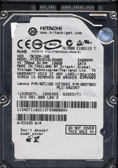 HITACHI 160GB HTS543232L9SA0 0A57303 MLC DA2387 2200A9000201 DONOR DRIVE