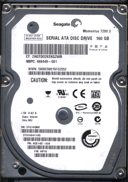 SEAGATE 160GB ST9160411AS 9GE14D-020 SN 5TG FW HP15 100513573 DONOR DRIVE
