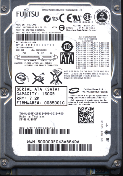 FUJITSU 160GB MHZ2160BJ CA07096-B32400DL VD9525 609KA CA21344-B46X DONOR DRIVE
