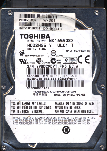 TOSHIBA MK1655GSX HDD2H25 A0/FG011M G002439 DONOR DRIVE