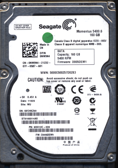 SEAGATE 160GB ST9160314AS 9HH13C-036 SN 5VC FW D005DEM1 100536284 DONOR DRIVE