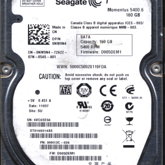 SEAGATE 160GB ST9160314AS 9HH13C-036 SN 6VC FW D005DEM1 100536284 DONOR DRIVE