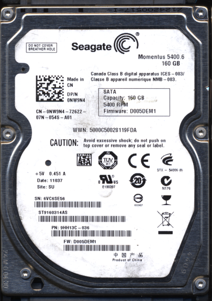 SEAGATE 160GB ST9160314AS 9HH13C-036 SN 6VC FW D005DEM1 100536284 DONOR DRIVE