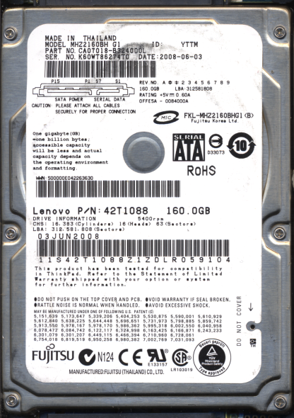 FUJITSU 160GB MHZ2160BH CA07018-B324000L VD8526 108KA CA21344-B81X DONOR DRIVE