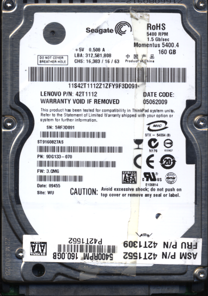 SEAGATE 160GB ST9160827AS 9DG133-070 SN 5RF FW 3.CMG 100484444 DONOR DRIVE
