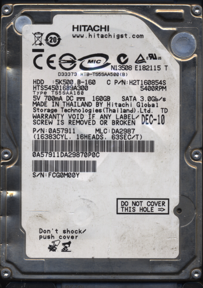 HITACHI 160GB HTS545016B9A300 0A57911 MLC DA2987 220 0A90161 01 DONOR DRIVE