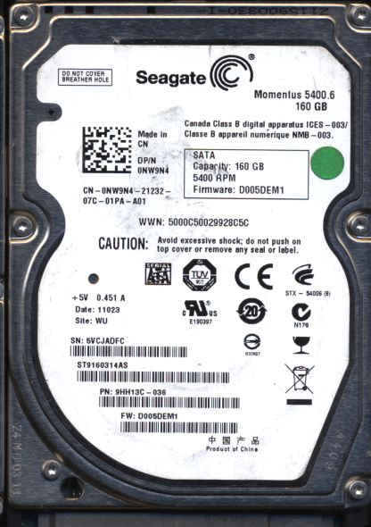 SEAGATE 160GB ST9160314AS 9HH13C-036 SN 5VC FW D005DEM1 100536286 DONOR DRIVE