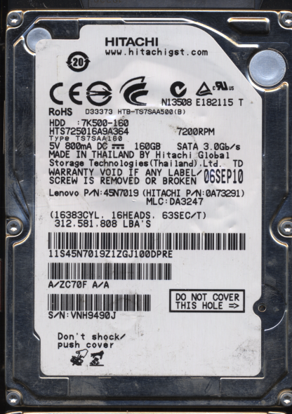 HITACHI 160GB HTS725016A9A364 0A73291 MLC DA3247 220 0A90161 01 DONOR DRIVE