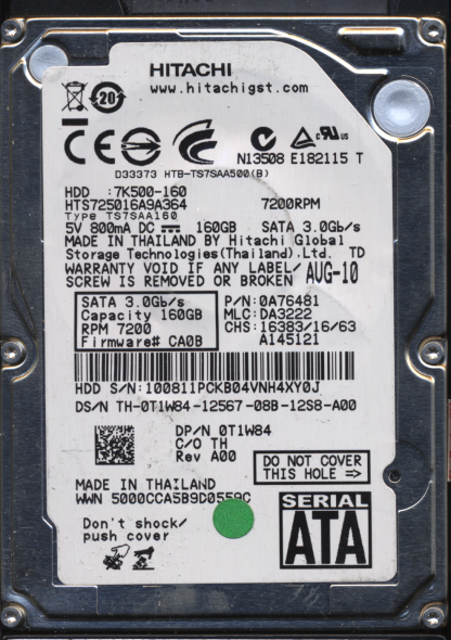 HITACHI 160GB HTS725016A9A364 0A76481 MLC DA3222 220 0A90161 01 DONOR DRIVE