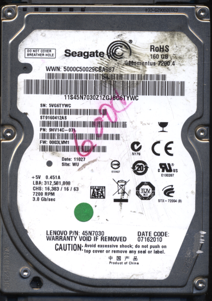 SEAGATE 160GB ST9160412AS 9HV14C-071 SN 5VG FW 0003LVM1 100565308 DONOR DRIVE