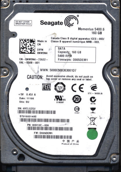 SEAGATE 160GB ST9160314AS 9HH13C-036 SN 6VC FW D005DEM1 100536284 DONOR DRIVE