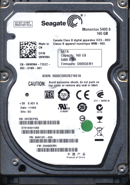 SEAGATE 160GB ST9160314AS 9HH13C-036 SN 6VC FW D005DEM1 100536284 DONOR DRIVE