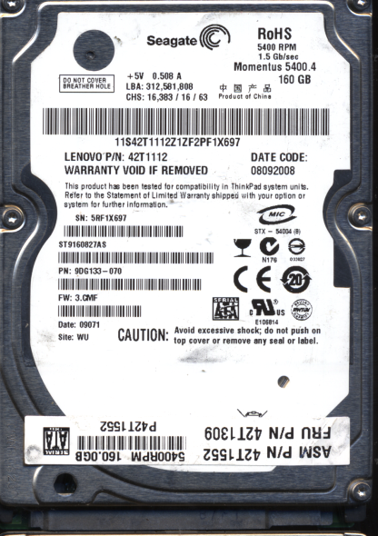 SEAGATE 160GB ST9160827AS 9DG133-070 SN 5RF FW 3.CMF 100484444 DONOR DRIVE
