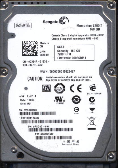SEAGATE 160GB ST9160412ASG 9PSG4C-031 SN 5VG 100536286 DONOR DRIVE